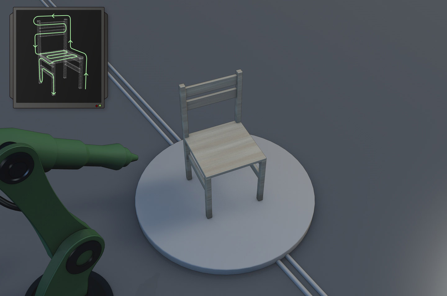 Graphische schematische Darstellung des 3D-Scans am Beispiel eines Stuhls.