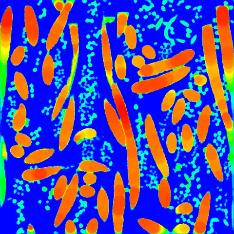 2D-Schnitt durch das farbkodierte Faserdickenbild des Faserfilzes