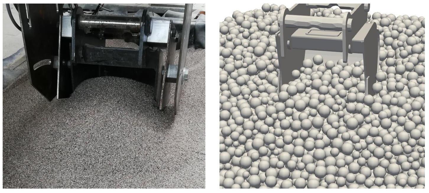 Messungen mit einer Mini-Bagger-Schaufel in Sand (links) und die Modellierung in Demify® for Heavy Machinery and Vehicles (rechts)