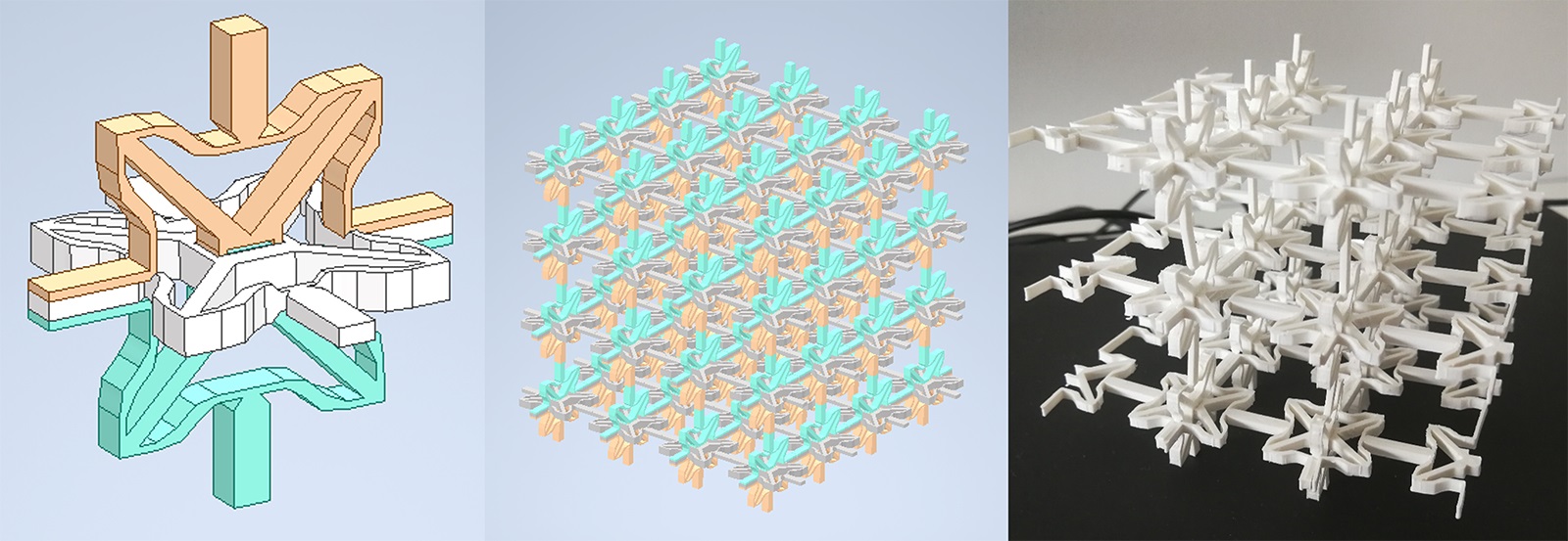 Links: Einheitszelle aus Strukturelementen,  Mitte: Aufbau des Materials aus vielen Zellen, Rechts: 3D-gedruckter Demonstrator