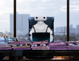 Roboter arbeitet im Büro an einem Computer. Symbolbild Künstliche Intelligenz und Machine Learning.