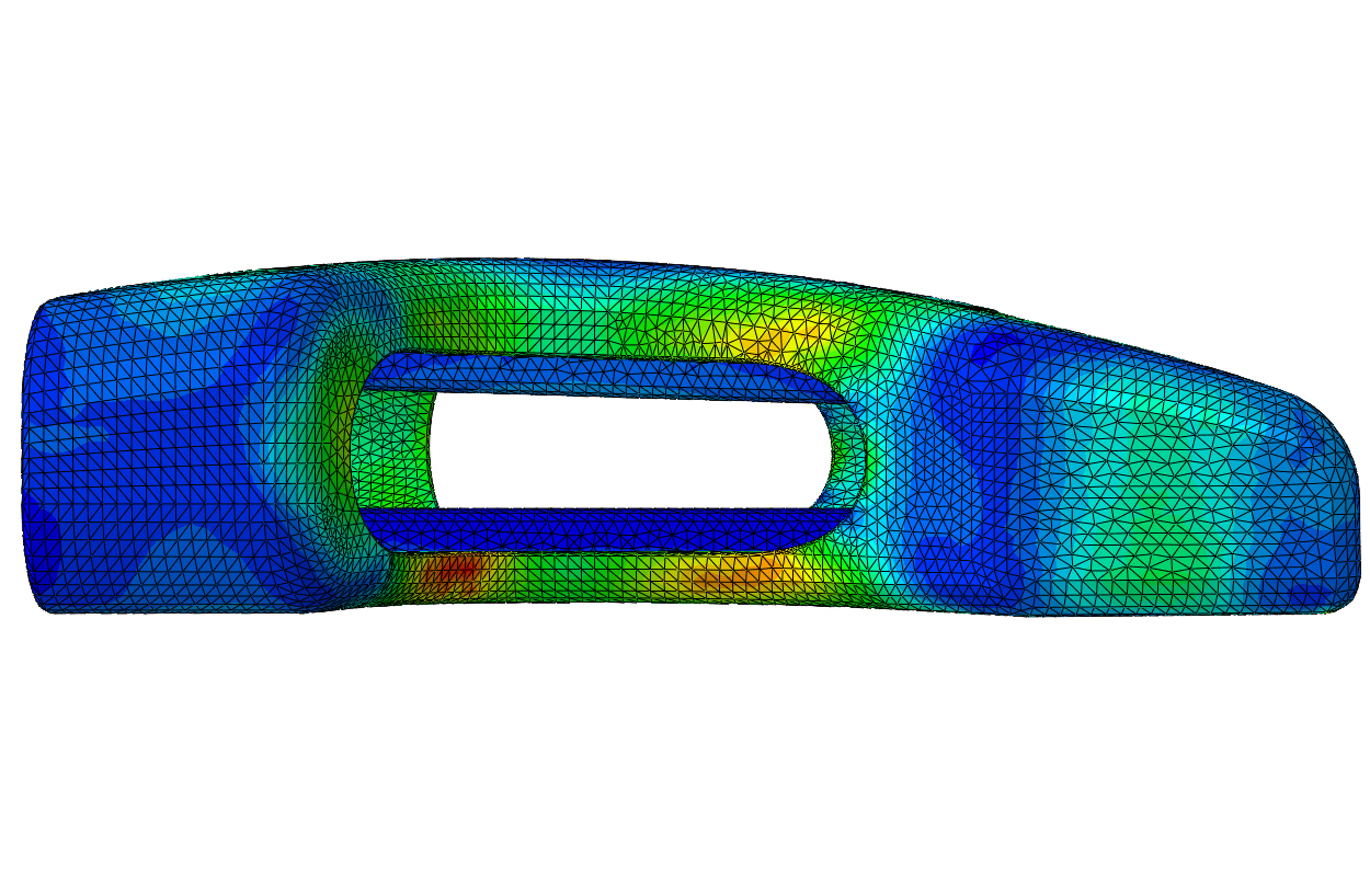 The various colours show the Von Mises stress obtained by the Abaqus simulation of the buckle.