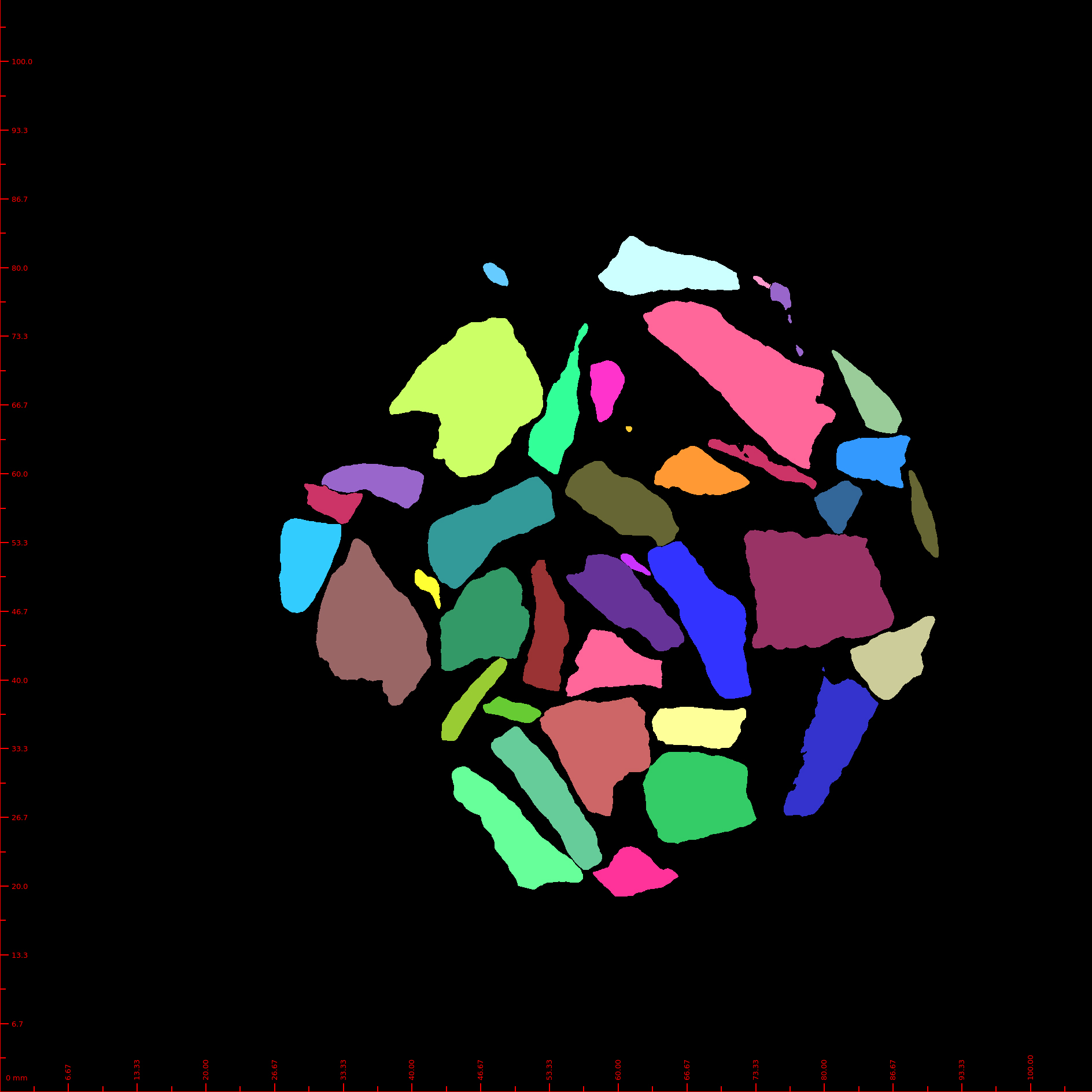 Same slice with separated particles. Colors indicate the image object labels.