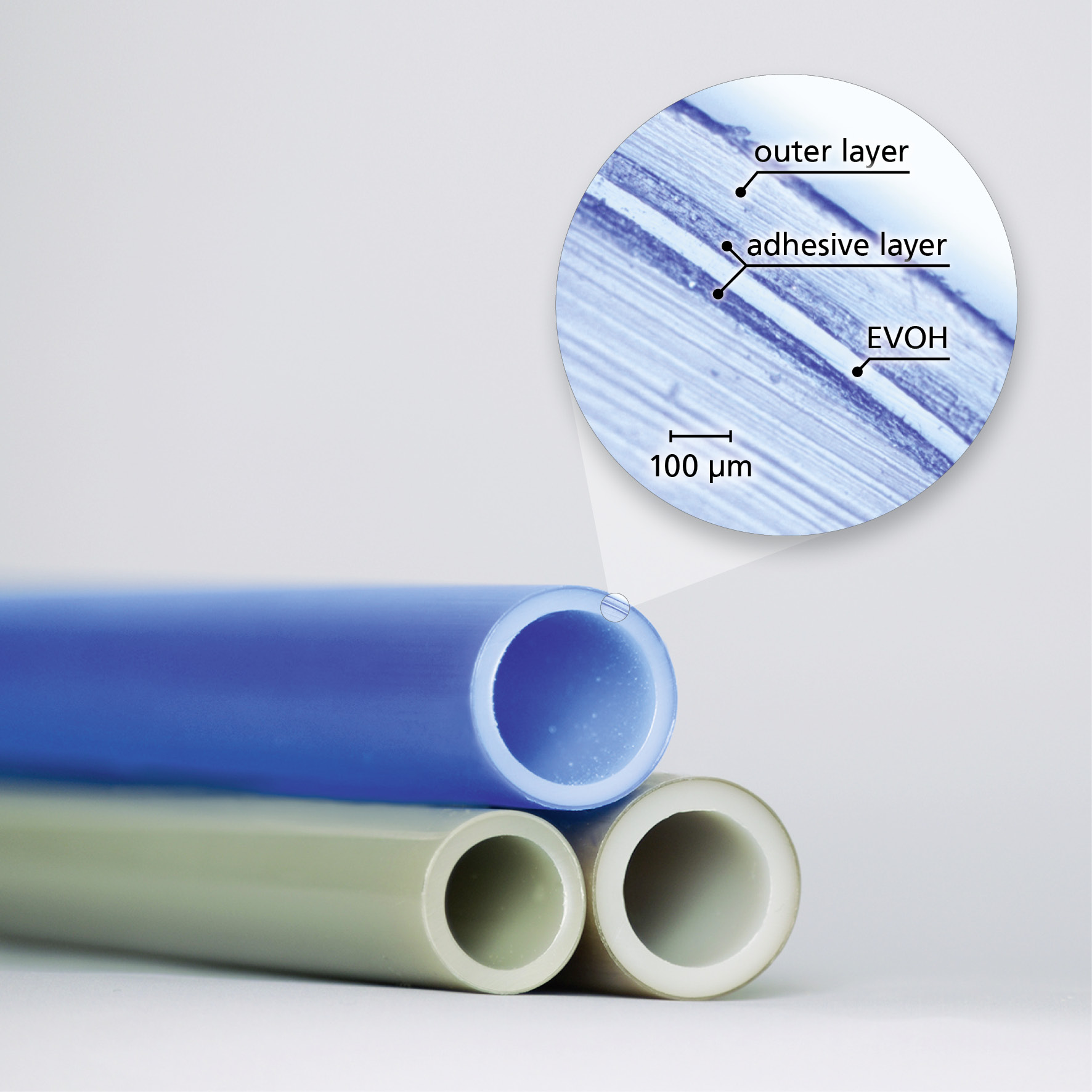 A multilayer plastic pipe consisting of outer and inner layers with an EVOH layer bonded via adhesion promoters in between.