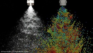A spraying full-cone nozzle: left in the experiment, right in the simulation