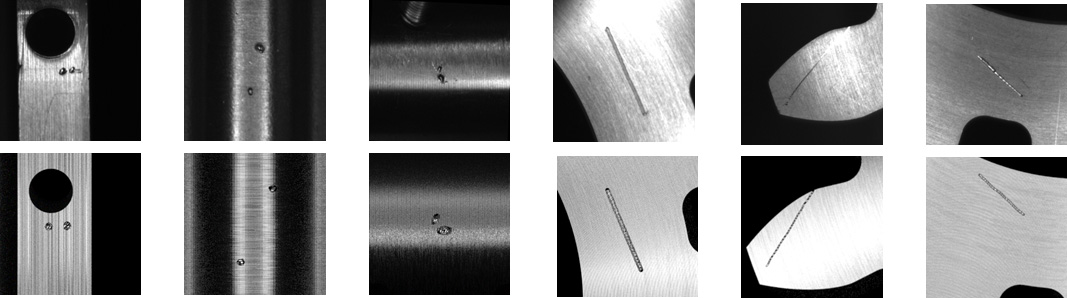 With »eQuality«, we are developing a digital defect library that supports production companies in the inspection of defects – with artificial intelligence and standardized recording of defects.  Top row of the image: examples of various detected defects on real metal surfaces. The second row shows synthetically generated image data.